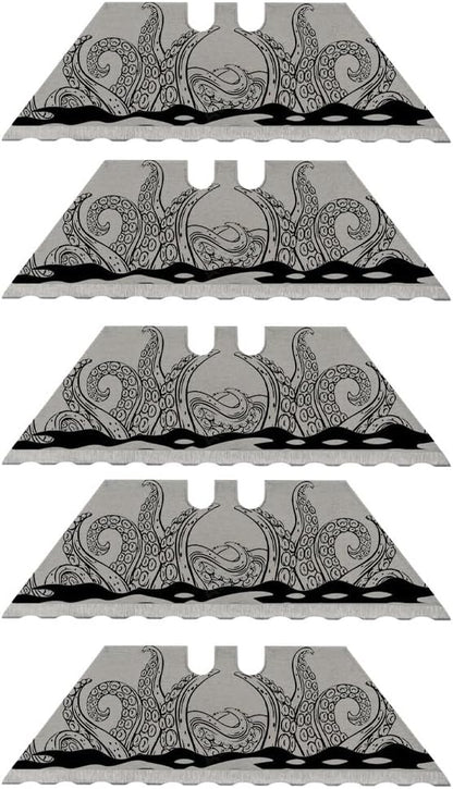 NDZ Performance Serrated Steel Blade Replacement for Utility Knife & Box Cutters, Custom Double Sided Laser Engraved Designs, Silver - Skull - 3 Pack