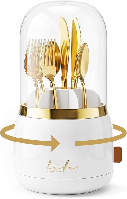 360° Utensil Holder Silverware Organizer with Lid,Kitchen Countertop Flatware Organizer and Countertop Storage(Fits Max 8.7" Utensils),Forks,Spoons Organizer,for Party,Coffee Bar,picnic (green)