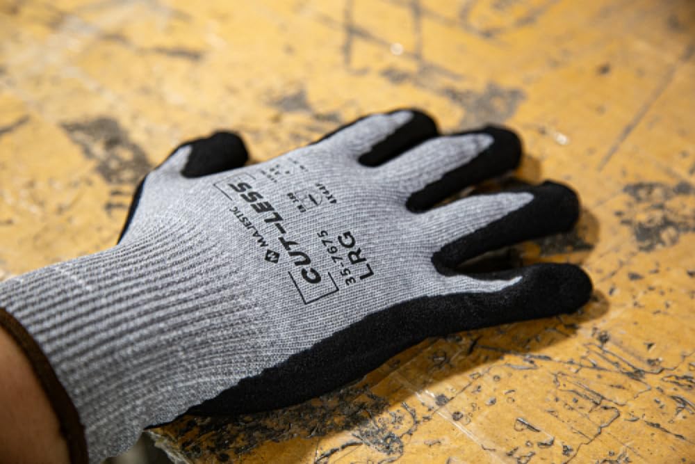 Majestic Cut-Less Korplex Glove with Sandy Nitrile Palm | 12 Pair - MED | 13 Gauge Liner, ANSI A9, Extreme Cut Resistance, Breathable, Gray/Black | for Automotive, Industrial, Manufacturing | 35-7675