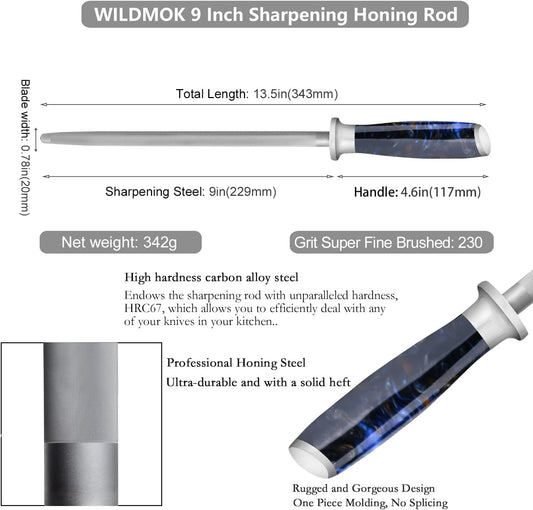WILDMOK Professional Honing Rod 9" - Chrome Coated High Carbon German Stainless Steel Knife Sharpener Honing Steel - Knife Sharpening Rod Designed to Last a Lifetime