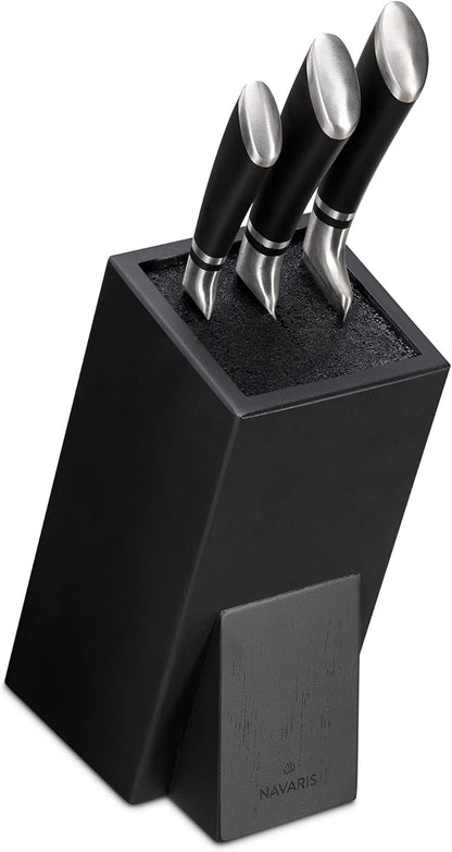 Navaris Universal Knife Block Holder - Rubber Wood Stand with Bristles to Fit Different Sizes of Knives - Angled Design, 9.8" x 5.9" x 4.1’" - Black