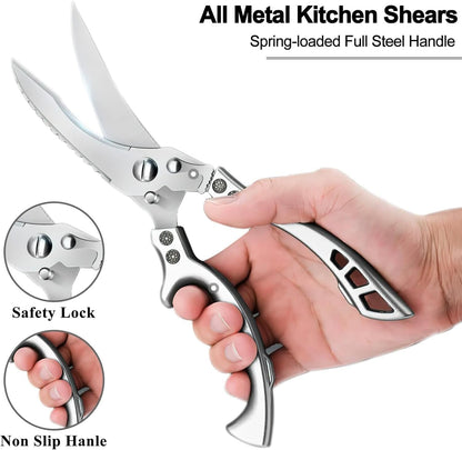 Heavy Duty Kitchen Scissors, Dishwasher Safe Stainless Steel Cooking Shears Spring loaded, Sharp Multipurpose Food Scissors silver for Cutting Meat, Bones, Turkey, Poultry & Fish Plastic Handle