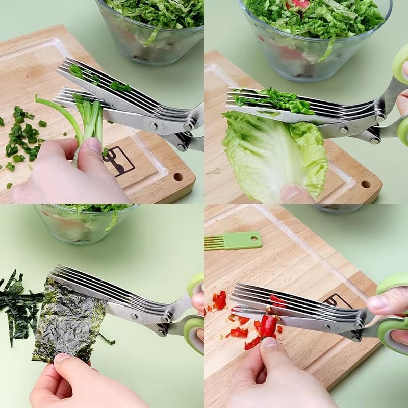 Herb Scissors with 5 Sharp Stainless Steel Blades, for Cutting Chives, Parsley, Basil and more, Includes Cleaning Comb and Safety Cover (Green)