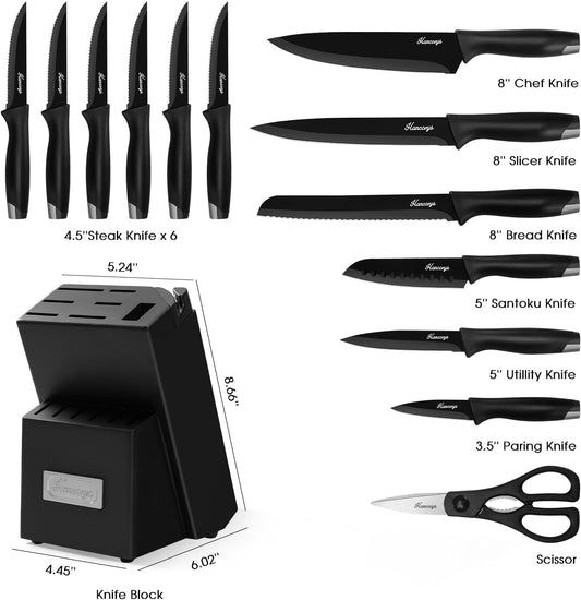 Knife Sets for Kitchen with Block, 15 Pieces Chef Knife Set with Self Sharpening, Stainless Steel Nonstick Ceramic Anti-Rust Coating Blades, Ergonomic Handle, Black Grey