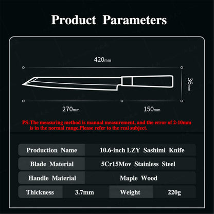 Waterboss,Japanese Sushi Chef Knife Salmon Knife Slicer Razor Sharp Sashimi Watermelon Knives, 5Cr15mov Stainless Steel Sashimi Yanagiba Knife, Maple Handle, 11.8inch (300mm)