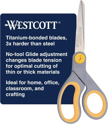 Westcott 8” Titanium Bonded Scissors with Adjustable Glide and Soft Handle, 2-Pack- Durable Multipurpose Scissors for Office, Home, and School Use, Sharp Precision Blades for Everyday Cutting
