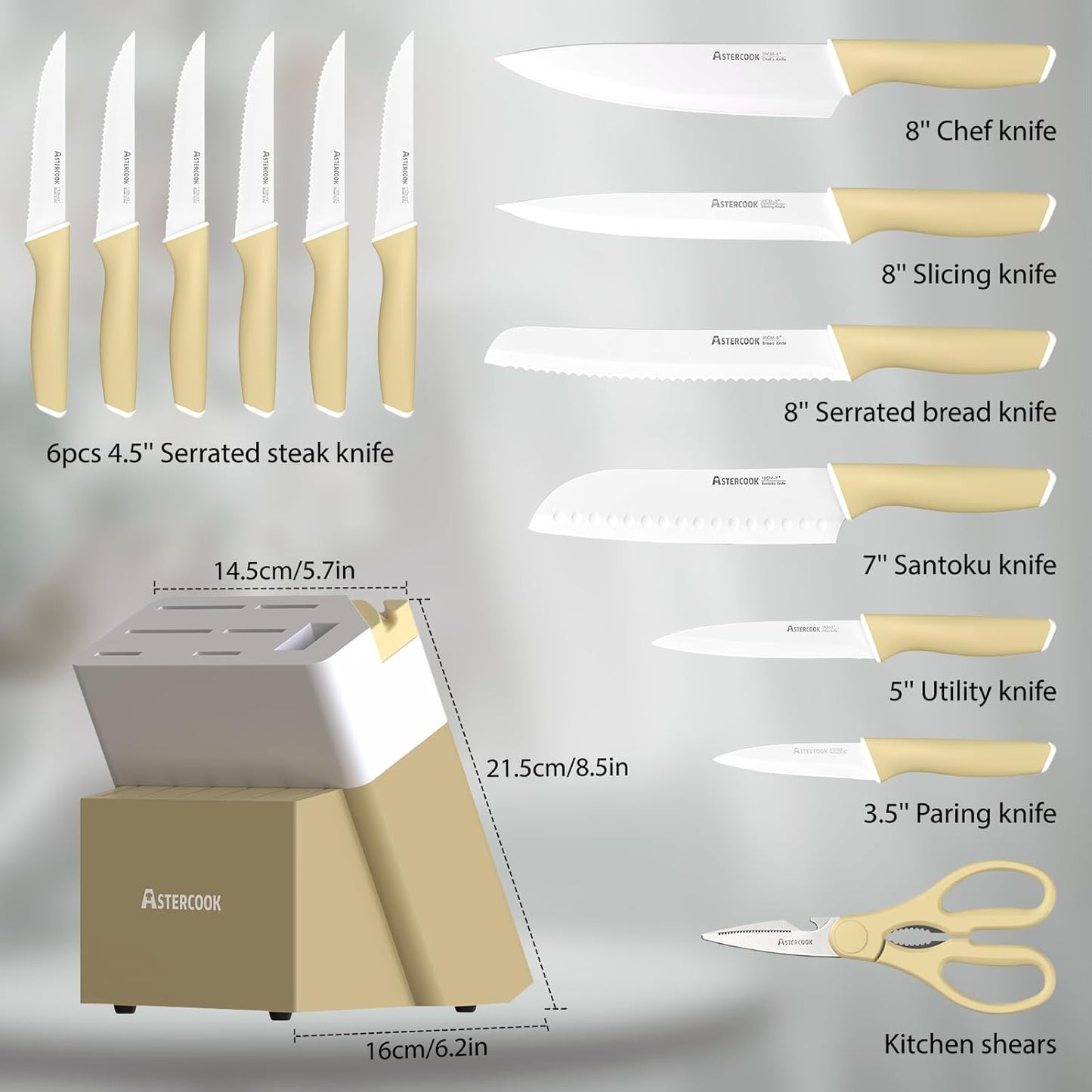 Astercook Knife Set, Kitchen Knives Set with Block and Sharpener 15 Pcs German Stainless Steel Knives Sharp Blade Dishwasher Safe Deba Knives with Ergonomic Handle, Crystal Pink