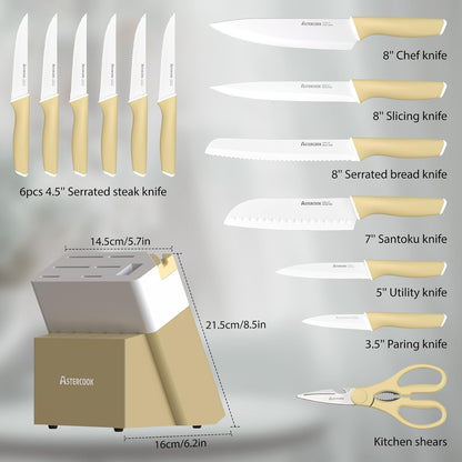 Astercook Knife Set, Kitchen Knives Set with Block and Sharpener 15 Pcs German Stainless Steel Knives Sharp Blade Dishwasher Safe Deba Knives with Ergonomic Handle, Crystal Pink