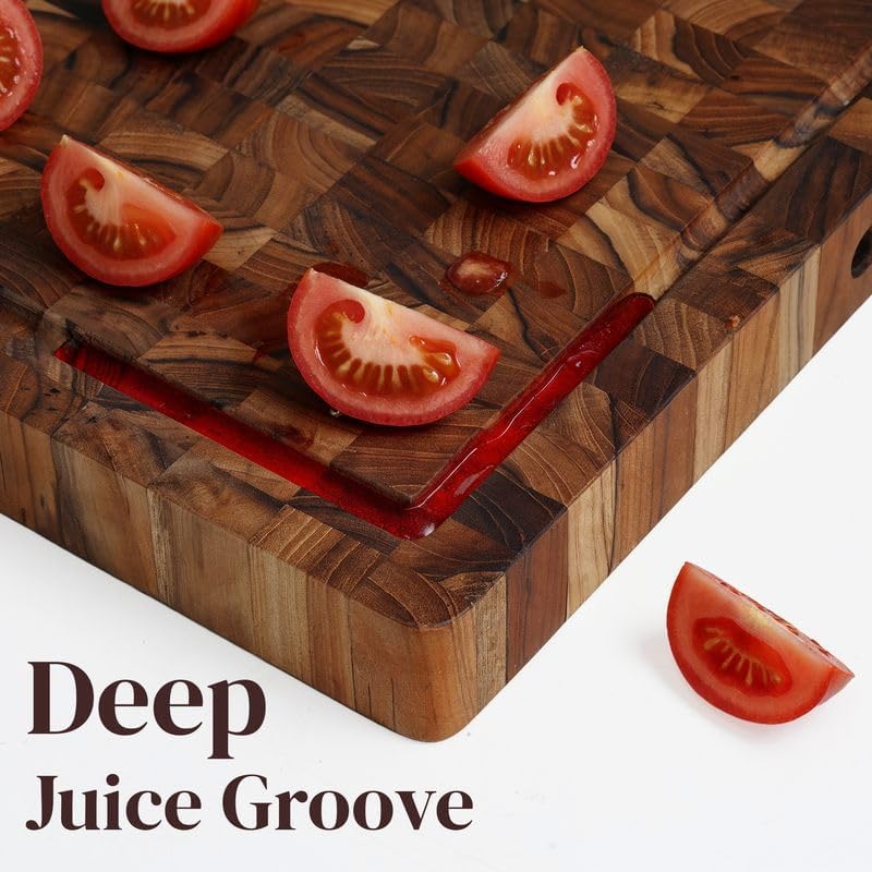 Premium End Grain Teak Cutting Board 12" x 8" x 1" with Handle & Juice Groove, Medium Thick Solid Non-toxic Wood Butcher Block for Meat, Fruit, Cheese & Kitchen Prep by New M Way