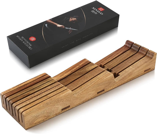 XINZUO In-drawer Knife Block, Natural Acacia Knife Drawer Oganizer, Insert-Kitchen Storage Holder, 11 Slots, Holds up to 11 Various Size Knives, Countertop Saving&Knife Protective