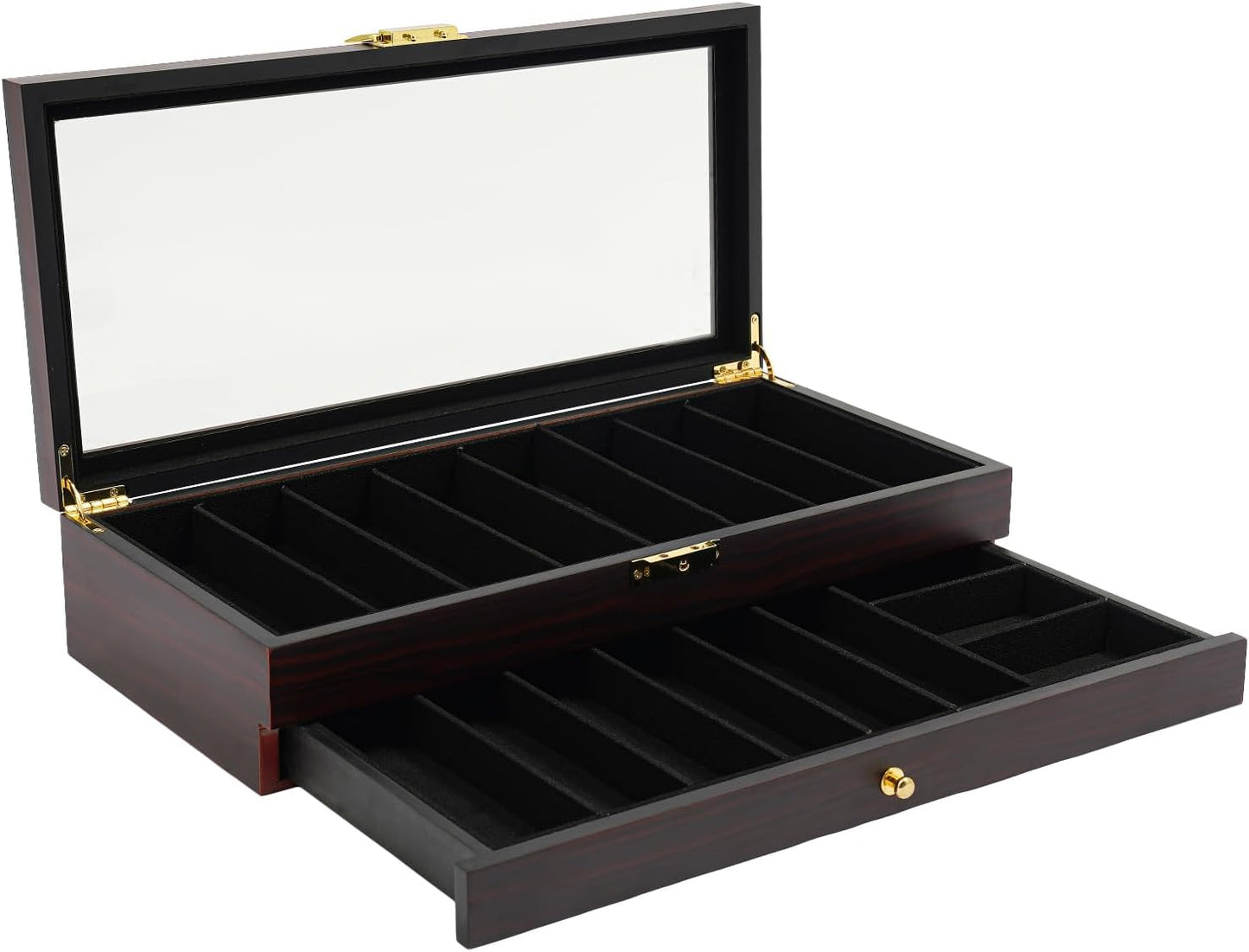 Knife Display Case, 22 Slot Storage Box, 3-Tier Lockable, Showcase & Organizer with Ebony Veneer and Real Glass Window Top for Pocket Knives, Men Gift, 15.7 * 7.6 * 4.7 in (Walnut Color, 3 Tiers)