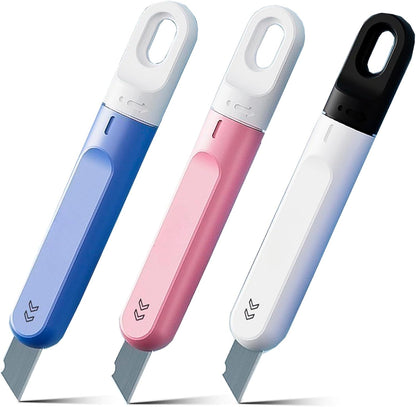 3 PCS Small Box Cutter, Small Utility Knife, Mini Pink Box Cutter for Women Rotate to Retract Box Opener, Retractable Box Cutter, Package Opener, Box Cutters for Home Office Travel and DIY