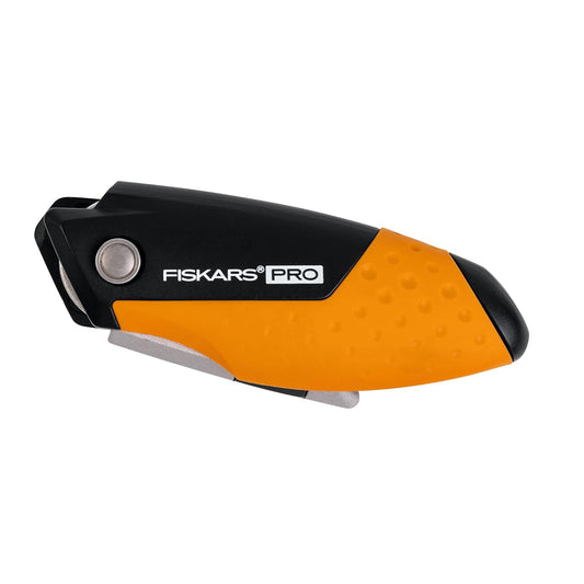 Fiskars Pro Retractable Folding Utility Knife, Box Cutter with Long-Lasting CarbonMax Razor Blade and Dual Lock Safety, Orange/Black