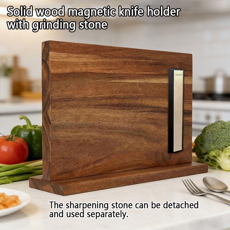 Magnetic Knife Block with Sharpening Stone, Double-Sided Acacia Wood Knife Holder, Detachable Whetstone, Kitchen Storage Rack