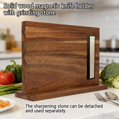 Magnetic Knife Block with Sharpening Stone, Double-Sided Acacia Wood Knife Holder, Detachable Whetstone, Kitchen Storage Rack