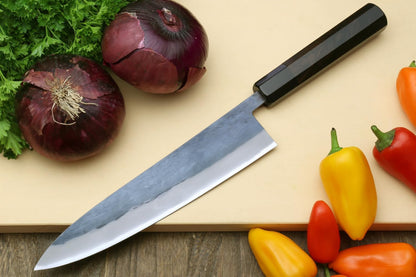 Yoshihiro Kurouchi Black-Forged Blue Steel Stainless Clad Gyuto Chefs Knife and Petty Utility Knife 2pc Set Ebony Handle (Gyuto 210mm & Petty 135mm)