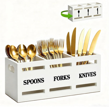 Kitchen Utensil Holder Wooden Cutlery Holder Black Silverware Utensil Caddy Cutlery Organizer 3 Compartment Silverware Containers for Kitchen Counter Spoons Forks Knives Tools Storage