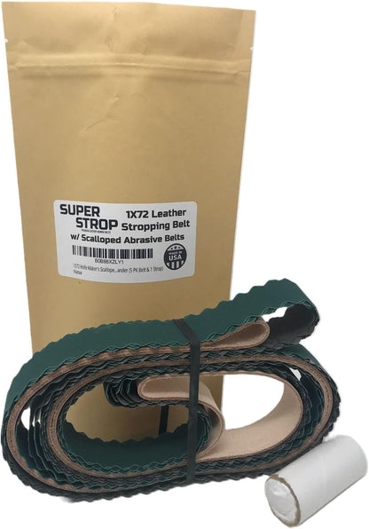 1X72 Knife Maker's Scalloped Edge Sanding Belts and Super Strop Leather Honing Belt fit 2X72 Belt Sander (5 PK Belt & 1 Strop) (PSS1X72SCASTROPFBA)