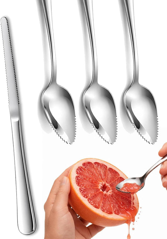 4 Pcs Stainless Steel Grapefruit Knife and Spoons Set - Serrated Edge Fruit Spoons & Curved Blade Knife - Professional Citrus Peeler & Corer Utensils for Kiwi, Apple, Lemon, Melon & Pitaya