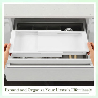 LemonRoad 1 Pcs Sliding Drawer Organizer Bin Bamboo Drawer Expandable Bins Utensil Organizer for Kitchen Spoons Forks Knives (Wood)