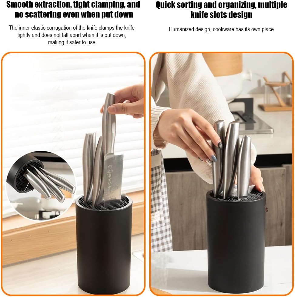 Knife Block Without Knives, Universal Round Knife Block Only, Knife Holder for Easy Cleaning, Space Saver Knife Storage Holder with Scissors Slot - Black