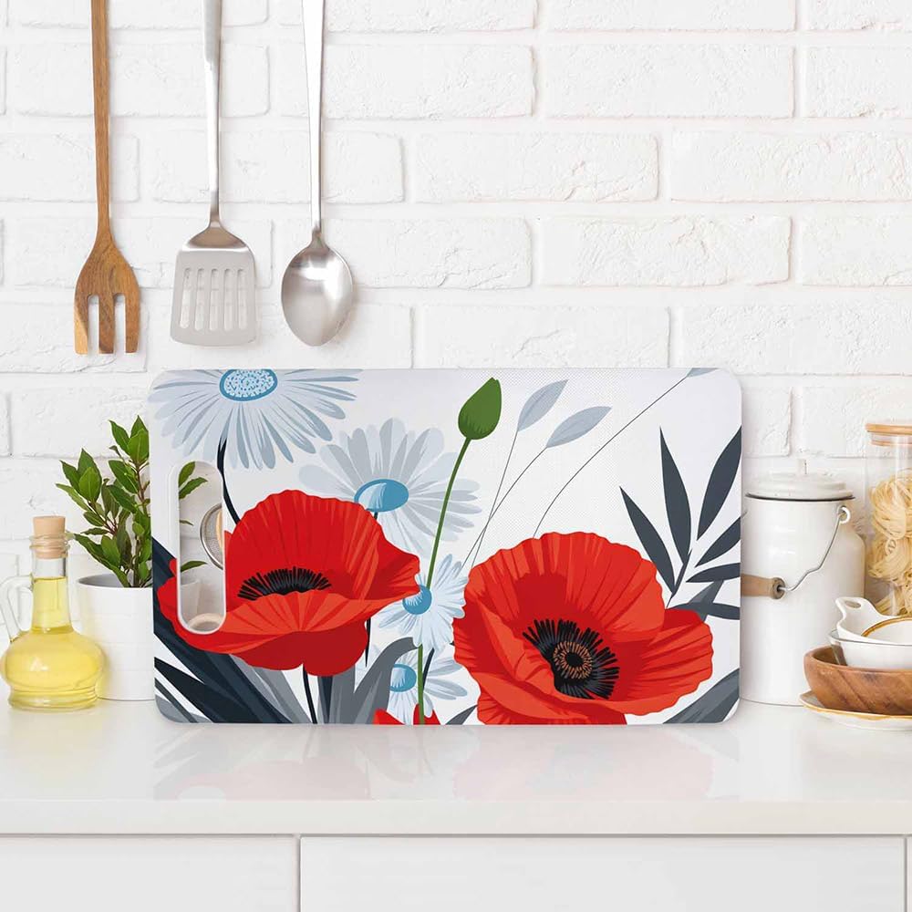 Coffee Set Cutting Board with Handles Coffee Maker Muffin Cup Flower Hot Drink Love Cutting Boards Plastic Safe Chopping Board for Kitchen 16" x 10" x 0.24"
