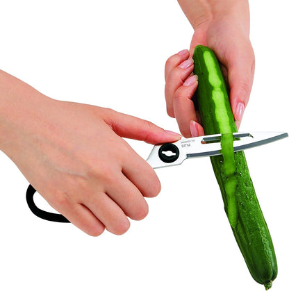 Multi-Purpose Kitchen Shears – Meat & Vegetable Cutter, Crab Cracker, Vegetable Peeler, Jar & Bottle Opener, Knife, Safety Cap, Dishwasher Safe (1 Pair, White)
