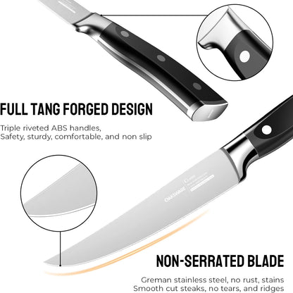Steak Knives Set of 8, 5 Inch Non Serrated Steak Knife with Walnut Block, Razor-Sharp German Stainless Steel Dinner Knives, Durable Full Tang Forged Straight Edge Meat Knife for Home Dining&Gift
