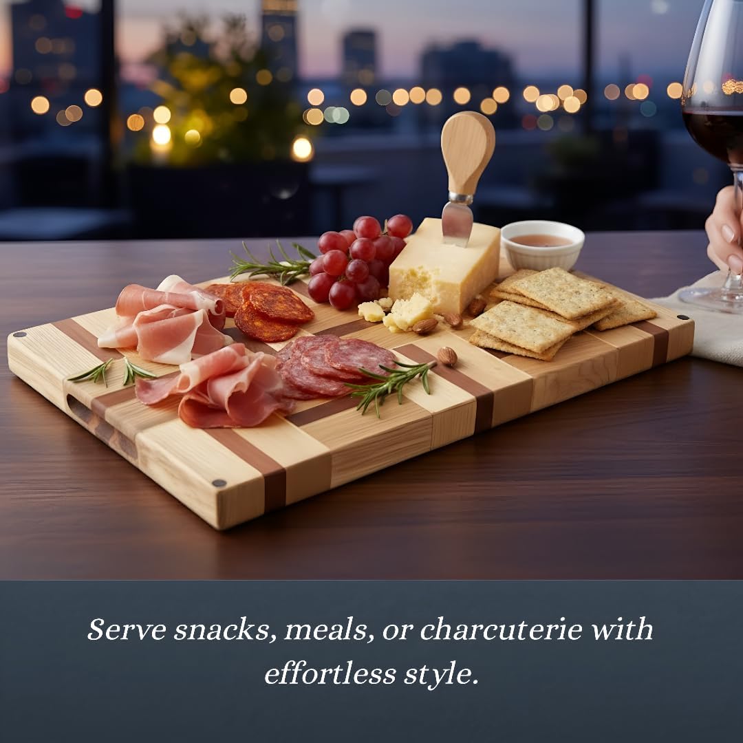 Walnut Oak Rosewood End Grain Cutting Board - 14x16 Large Wooden Butcher Block with Juice Grooves, Non-Slip Feet & Built-in Compartments - Reversible Board for Kitchen Decor & Charcuterie