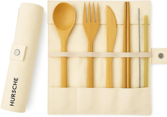 Bamboo Utensil Set with Case – Reusable Travel Cutlery & Portable Flatware Kit with Wooden Fork, Spoon, Knife, Chopsticks, Straw – Zero Waste Lunch Box Essentials for Work, Camping, Picnic
