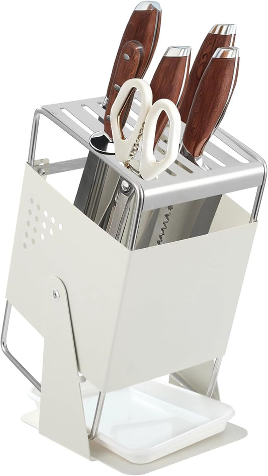 Universal Kitchen Cutter Block Holder, Rotating Stainless Steel Cutting Tool Organizer for Countertop, 9 Slots for Scissors and Sharpening Rod, Minimalist Kitchen Storage Rack for Cutters