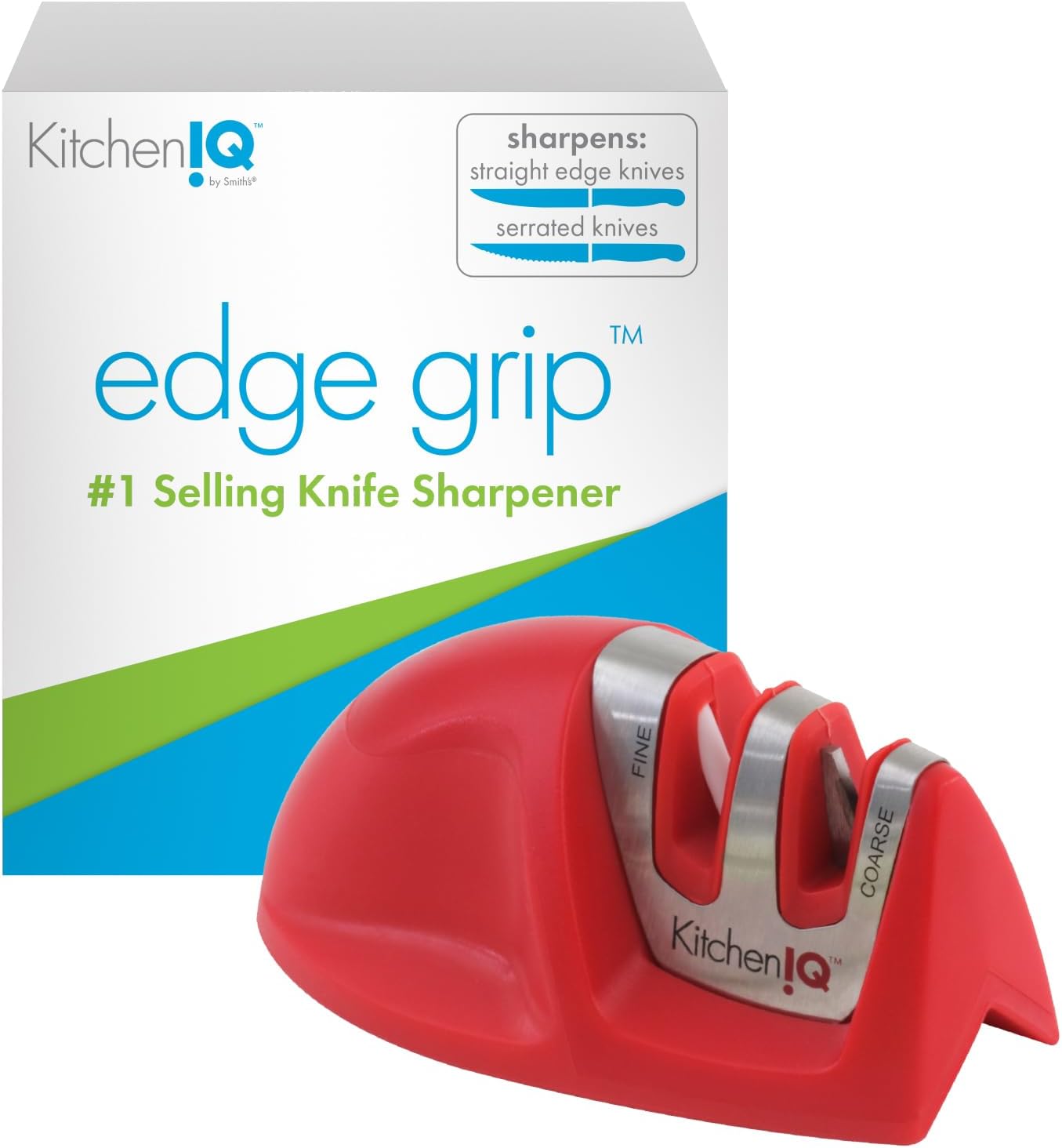 KitchenIQ 50009 Edge Grip 2-Stage Knife Sharpener, Black, Coarse & Fine Sharpeners, Compact for Easy Storage, Stable Non-Slip Base, Soft Grip Rubber Handle, Straight & Serrated Knives