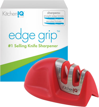 KitchenIQ 50009 Edge Grip 2-Stage Knife Sharpener, Black, Coarse & Fine Sharpeners, Compact for Easy Storage, Stable Non-Slip Base, Soft Grip Rubber Handle, Straight & Serrated Knives