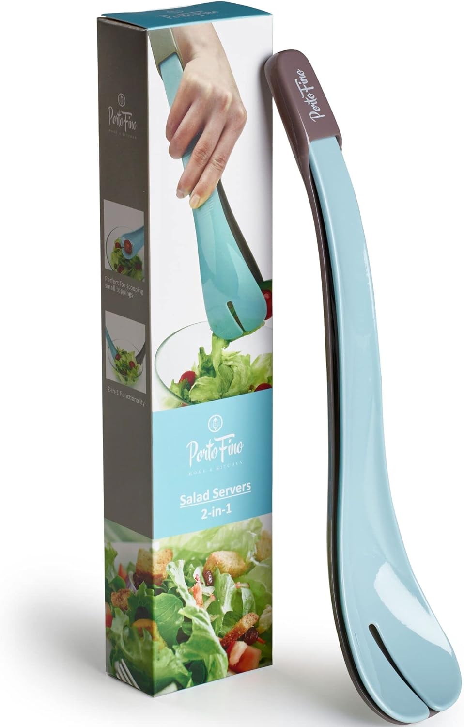 PortoFino Salad Tongs for Serving, Salad Serving Utensils, 2 in 1 Salad Tosser, Salad Serving Tools, Lightweight, Nesting Design Easy to Store, Dishwasher Safe, Plastic, Blue