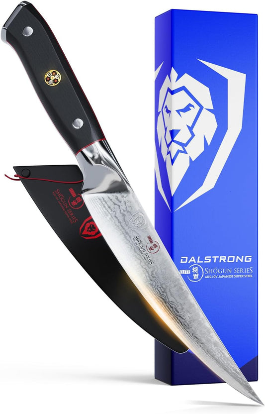 Dalstrong Boning Knife - 6 inch - Shogun Series ELITE - Damascus - AUS-10V Japanese Steel - Fillet Knife Gift - Carving, Boning, Trimming, Deboning - Black G10 Handle - Sheath Included