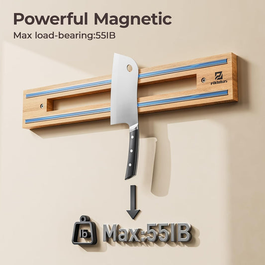 Extendable 32Inch Magnetic Knife Holder for Wall with Screw & Adhesive Mounting, Wood Magnetic Knife Strip from 16 to 32 Inch for Knife Bar, Knife Holder, Kitchen Utensil Organizer or Tool Room