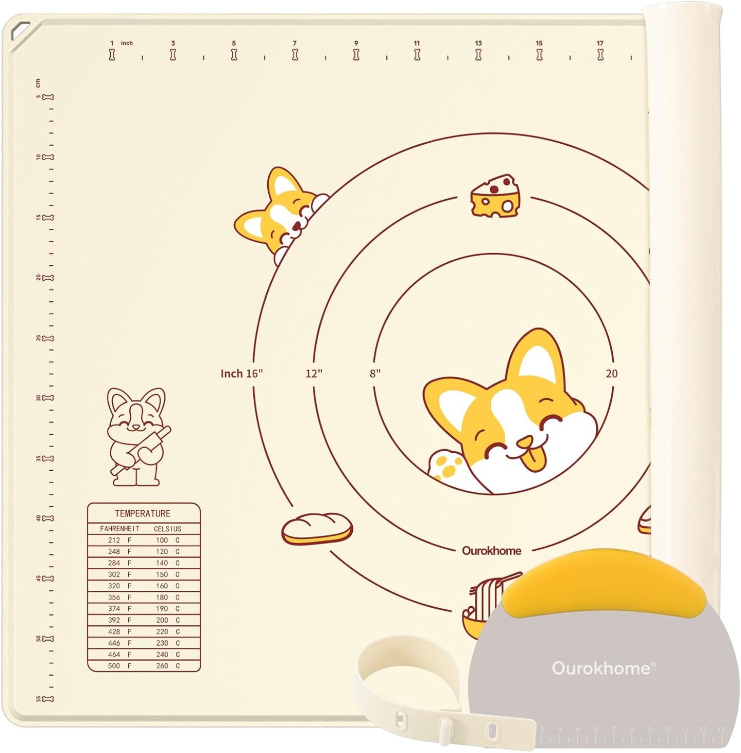 Ourokhome Silicone Baking Mat Sheet and Pastry Dough Cutter, 0.5 Inch Thick 20'' X 16" BPA free Silicone Rolling Mat, Non-Stick and Anti-Slip, Dishwasher Safe (Beige)