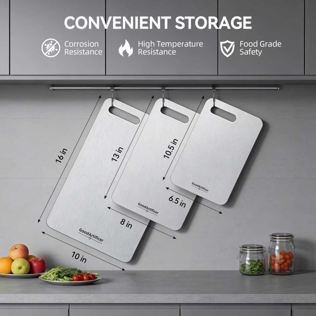 Titanium Cutting Boards Set of 3, 100% Pure Titanium Kitchen Cutting Board, Double-Sided Non-Toxic Cutting Board, Ideal for Slicing and Dicing Meats, Features Handle, Dishwasher Safe