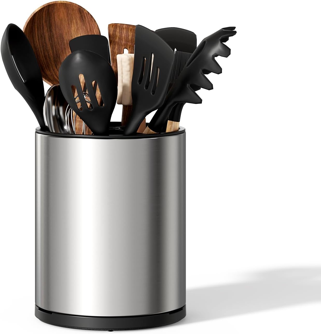 Utensil Holder, Silverware Organizer Caddy for Countertop Kitchen with 4 Compartments, Flatware Spoon Fork Tool Cutlery Holder Utensil Crock with Drain Tray for Counter Party Office, Silvery