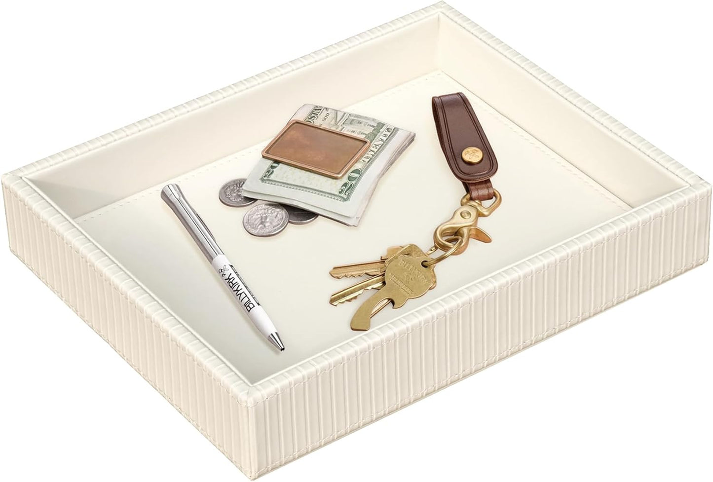 HofferRuffer Faux Leather Vanity Tray, Elegant Desktop Storage Organizer, Decorative Catchall for Perfume, Bathroom Valet, Nightstand or Dresser, 10.2 x 8.4 x 1.8 inches (Grey Stripe)