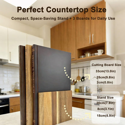 Rectangular Book Cutting Board Set of 3 for Kitchen, Wooden Carving Board with Stand, Easy to Store Serving Board, Reversible Butcher Block for Meat Cheese Bread