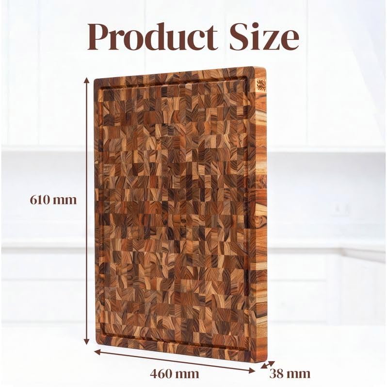 Premium End Grain Teak Cutting Board 12" x 8" x 1" with Handle & Juice Groove, Medium Thick Solid Non-toxic Wood Butcher Block for Meat, Fruit, Cheese & Kitchen Prep by New M Way