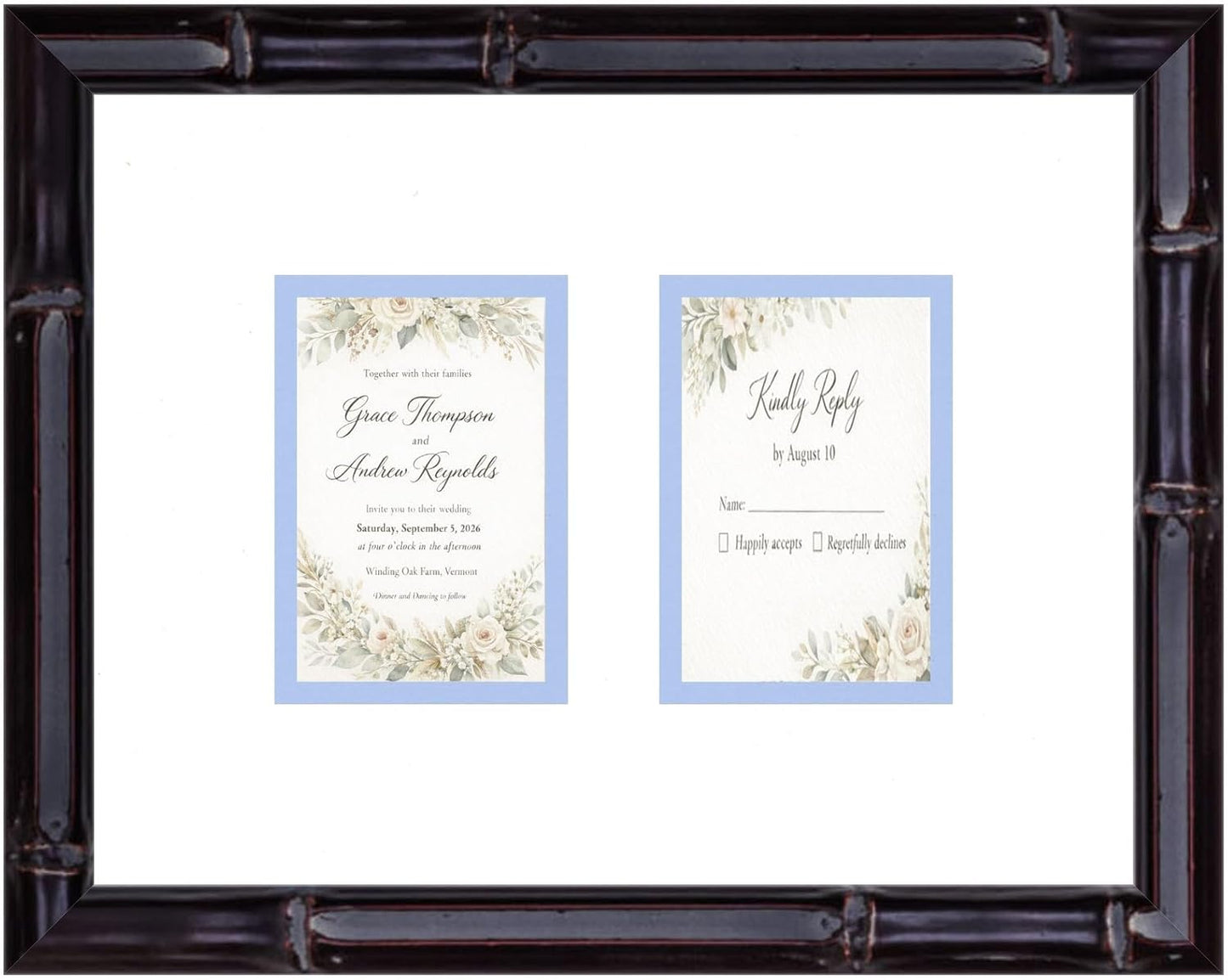 CountryArtHouse Heirloom 3.5x5 Enclosure Invitation and RSVP Keepsake Frame in Brown Genuine Hardwood 13.5x10.75 Artisan-Cut Double Mat White Paired With Metallic Gold Timeless Display
