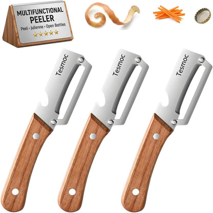 Multifunctional Vegetable Peeler for Kitchen, 2 Pack Stainless Steel Veggie Peeler Knife with Wooden Handle & Bottle Opener for Potato, Cucumber, Orange, Pineapple (2)
