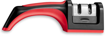Arcos Sharpeners Manual Knife Sharpener tool. Made of ABS + TPE. Carbide and Ceramic Rollers. Keep Your Knives Razor Sharp. Black and Red Color