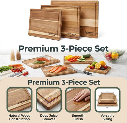 Indonesian Acacia Wood Cutting Board Set of 3 | Extra Thick 0.8″ Wooden Chopping Boards with Deep Juice Grooves | FSC Certified | Warp-Resistant & Knife-Friendly | Large, Medium & Small