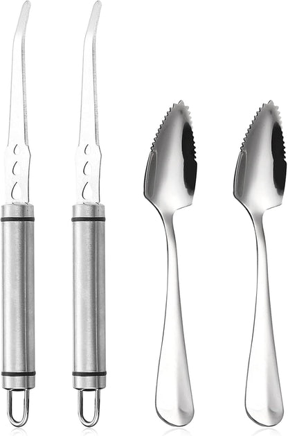 Grapefruit Knife - Curved Serrated Stainless Steel, Pack of 2 with 2 Pcs Spoons, for Grapefruit & Oranges