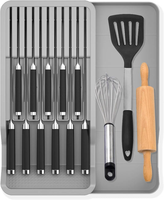 Expandable Drawer Knife Insert Organizer - Plastic Knife Storage Tray for Kitchen Drawers, Adjustable to Fit 11 Knives, BPA-Free, Ventilated, Space-Saving, Easy to Clean