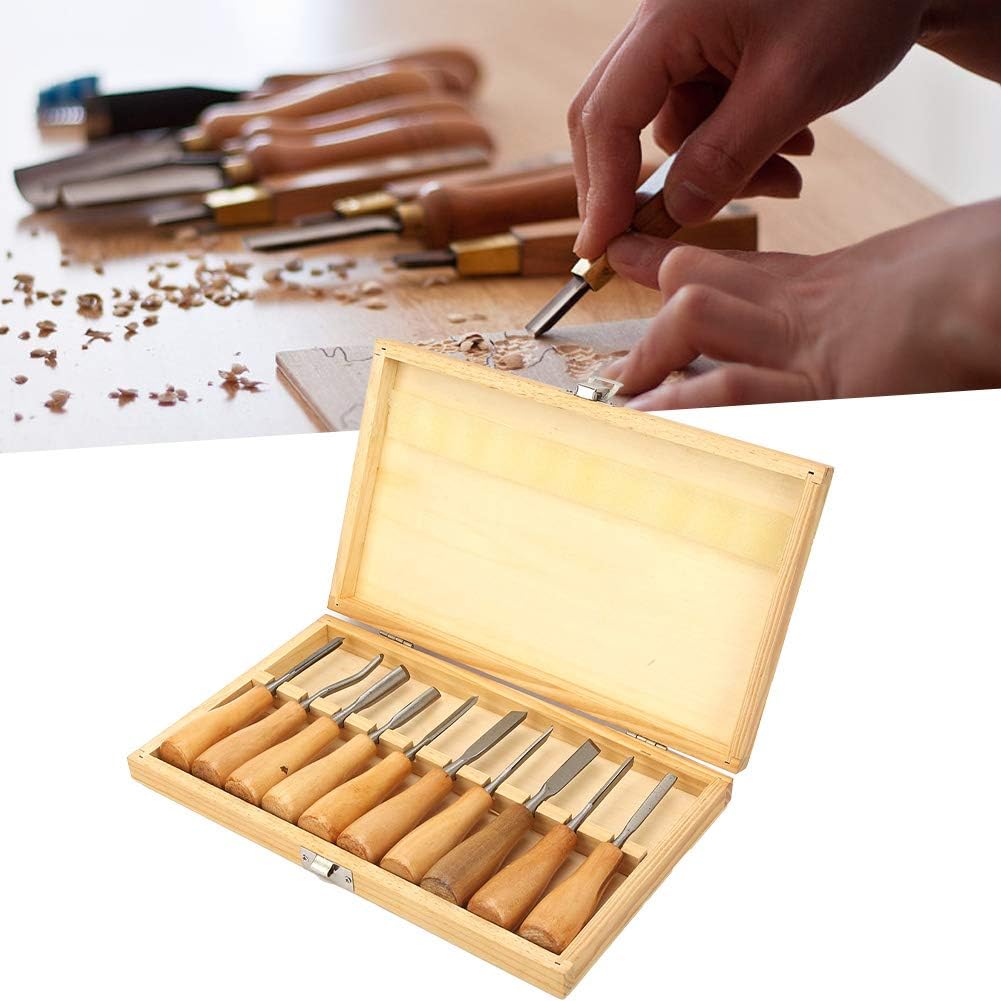 Carving Tools Set, 10Pcs with Wooden Handles in a Wooden Storage Case Carving Knife Chisel Kit Set