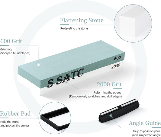 Whetstone 600/2000 Grits Wet Stone Sharpening Kit with Non-slip Rubber Base Angle Guide and Flattening Stone